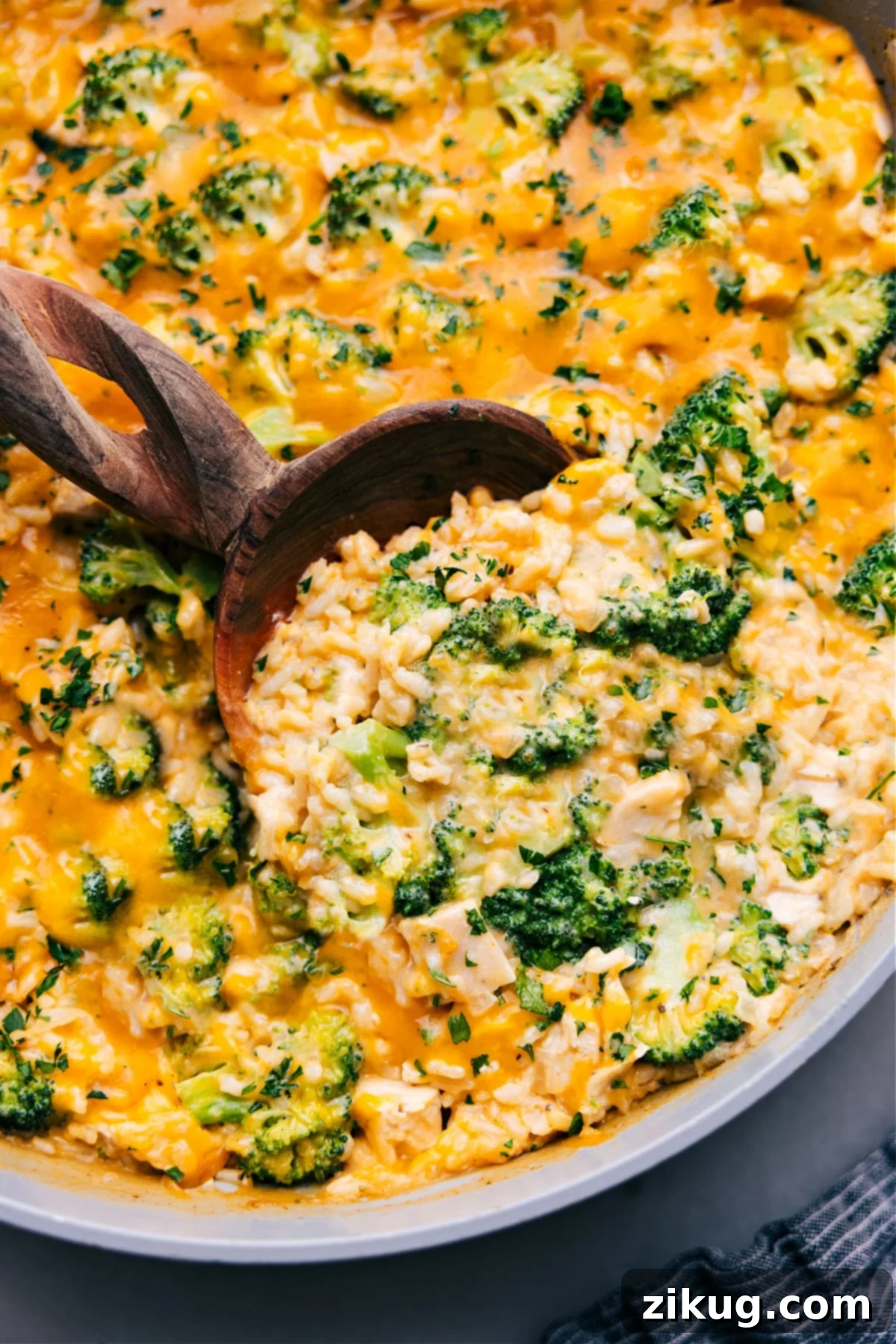 Creamy And Delicious Chicken Broccoli Rice Casserole A big spoonful of the dish being scooped out to serve.