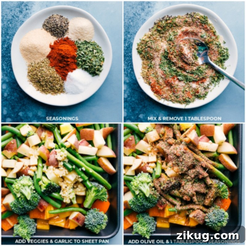 The Versatile Seasoning Mix for Roasted Vegetables and Chicken A bowl of mixed seasoning blend next to an array of chopped vegetables on a sheet pan, ready for roasting for Baked Parmesan Chicken Tenders.
