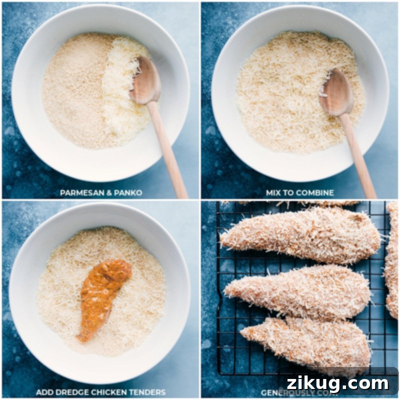 Parmesan Crusted Chicken Tenders 2 The process of mixing Parmesan and Panko breadcrumbs, then dredging chicken tenders in the mixture, and finally placing them on a cooling rack for baking, ensuring even crispiness for this baked parmesan chicken tenders recipe.