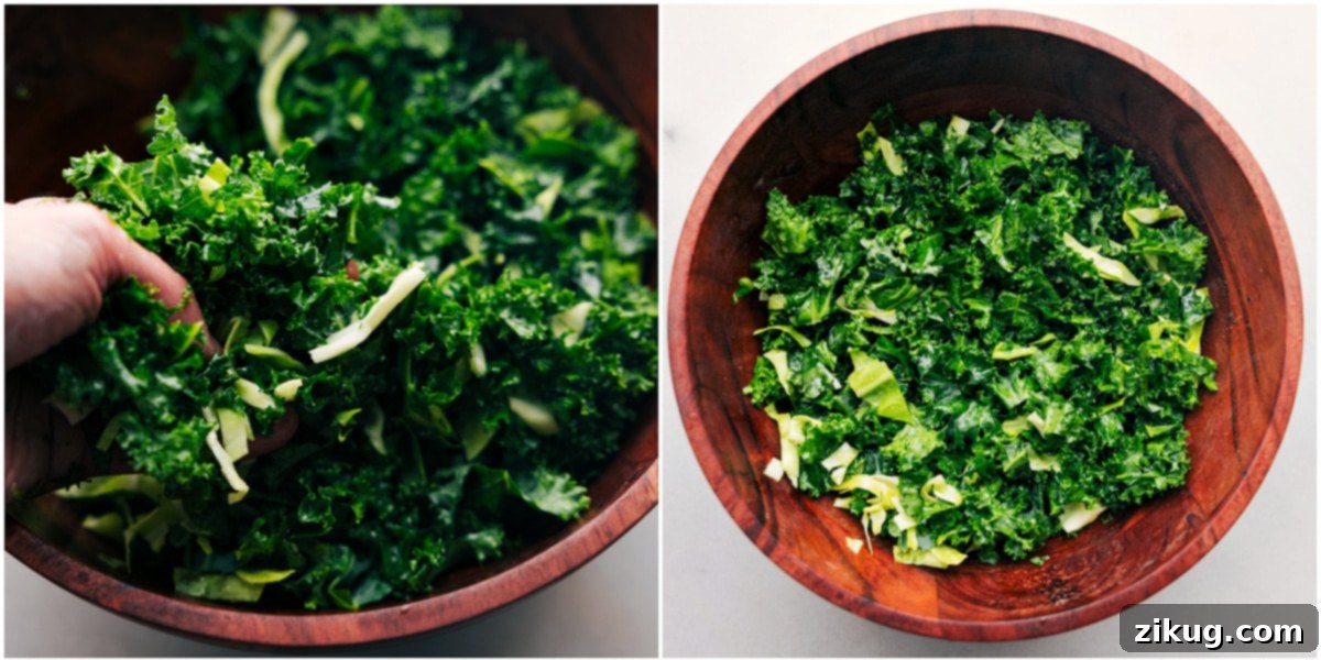 How To Make Chick-Fil-A Kale Salad Copycat Recipe The vibrant green kale and cabbage are actively being mixed in a large bowl with the dressing, highlighting the crucial assembly stage of the Chick-Fil-A Kale Salad copycat recipe, ensuring that every leaf is thoroughly coated for maximum flavor.
