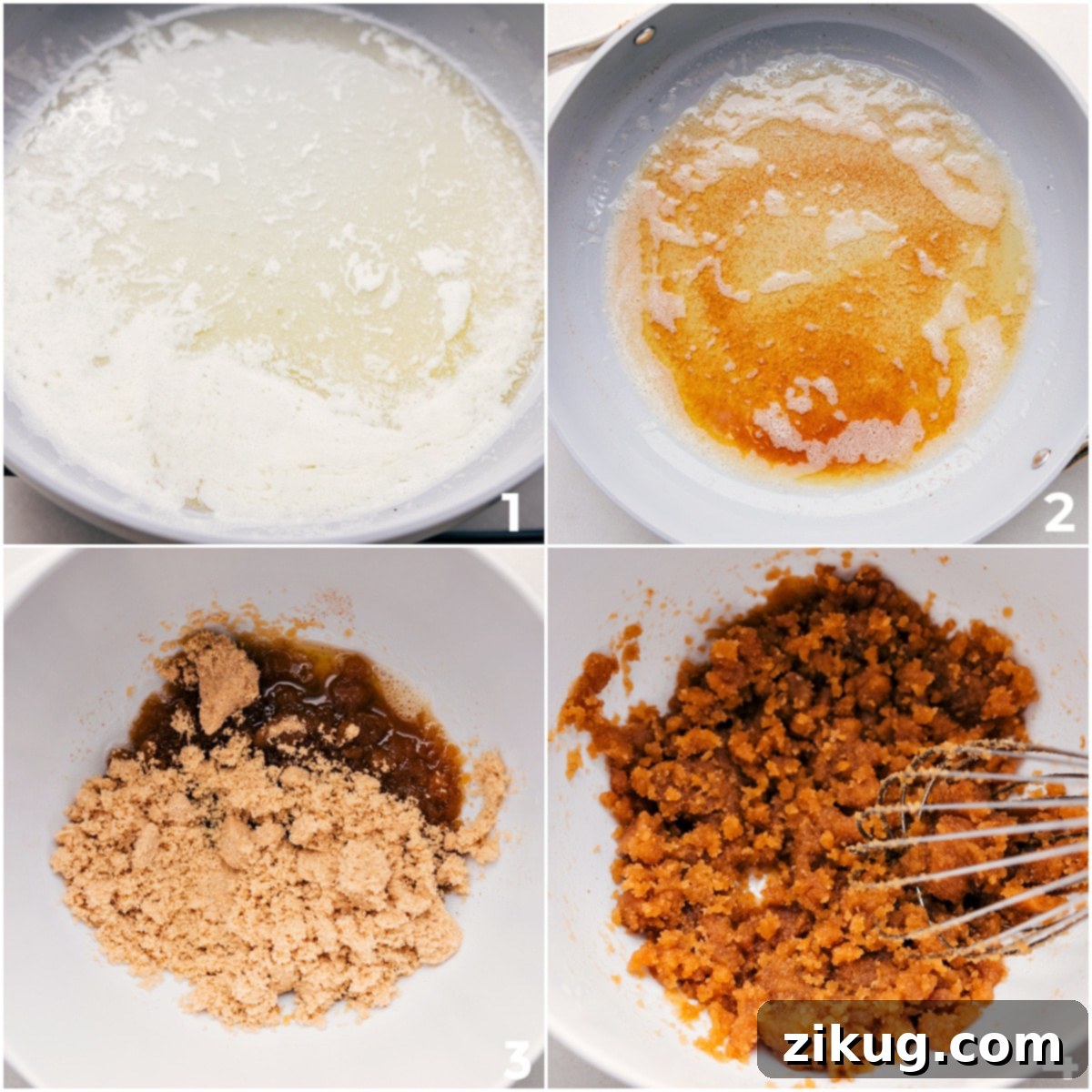 Step-by-Step: How to Make Blondies The process of browning butter in a light-colored pan, followed by the mixing of the browned butter with sugars, creating a rich base for the blondie batter.