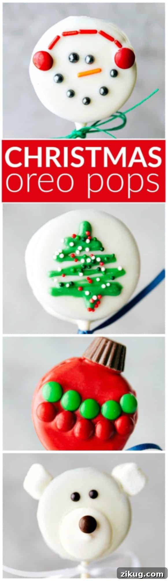 Festive Christmas Oreo Pops 2 4 adorable and simple to make Christmas oreo pops: a snowman, a Christmas tree, an ornament, and a polar bear. via chelseasmessyapron.com