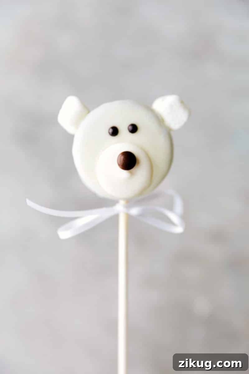 Cute polar bear Oreo pops with marshmallow ears and chocolate nose. Image of the charming polar bear Oreo pop with marshmallow ears and a chocolate M&M nose.