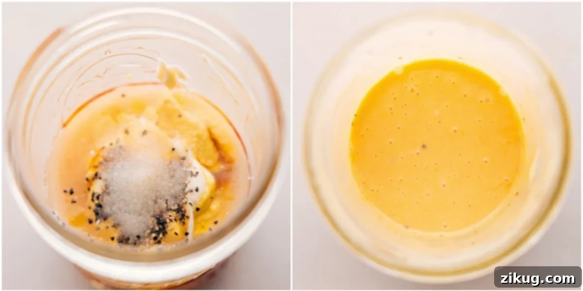 The Best Dressing To Top Your Hot Honey Chicken Bowl A simple yet creamy hot honey dressing mixed in a clear mason jar, ready to be poured over the chicken bowl, promising a burst of flavor.