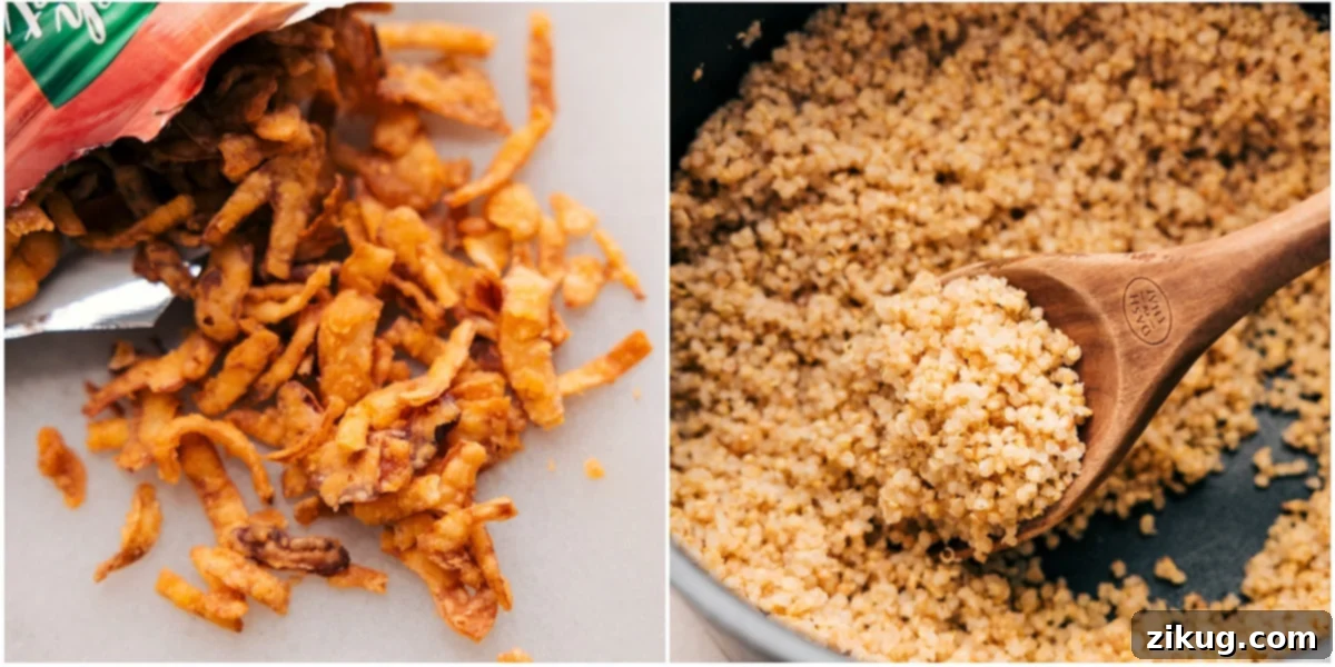 Couscous And Crispy Onions: The Perfect Toppings for Hot Honey Chicken Bowls Fluffy couscous and delightfully crunchy crispy fried onions, perfectly prepped and ready to be added as delicious toppings to the hot honey chicken bowls, enhancing texture and flavor.