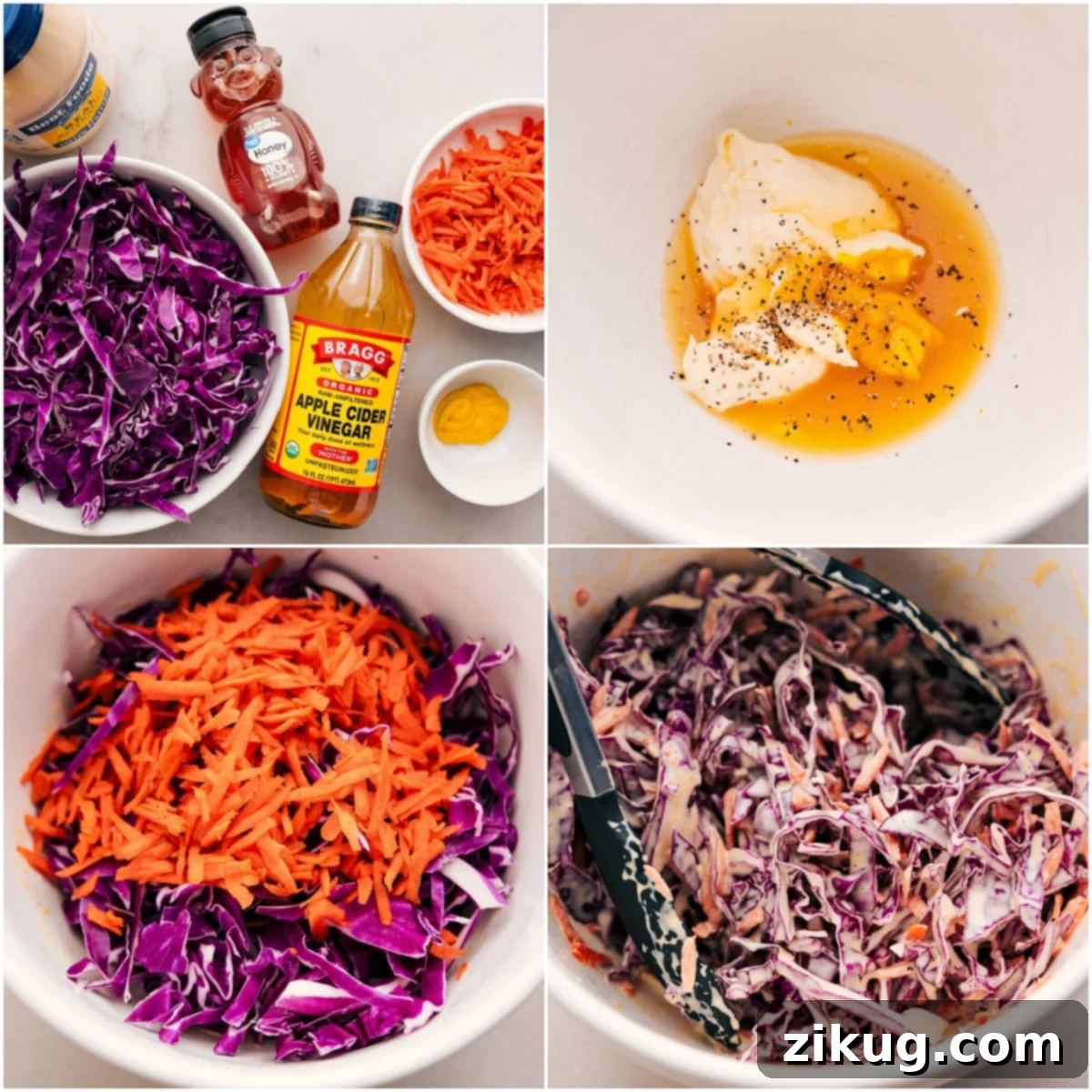 Add The Best Slaw To Your Hot Honey Chicken Bowls for Freshness and Crunch Freshly shredded red cabbage and vibrant carrots, perfectly prepared for the Hot Honey Chicken Bowl, with a creamy dressing being artfully added to a large mixing bowl, soon to be tossed together to create a fresh and crunchy slaw.