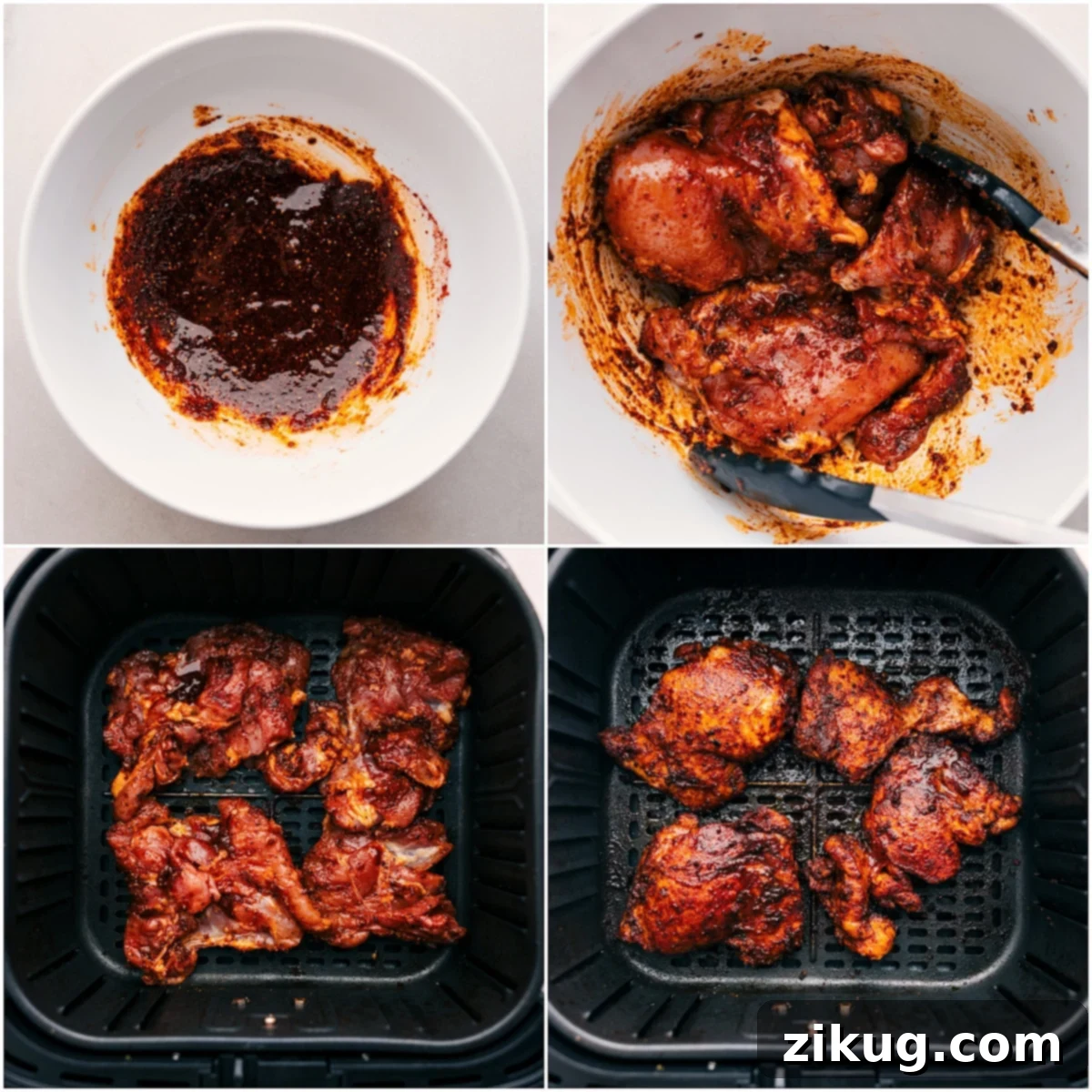 Air Fry The Best Chicken for Perfectly Cooked Hot Honey Chicken Bowls Marinated boneless, skinless chicken thighs are shown air-frying to a perfect golden-brown and tender finish, ideal for the flavorful hot honey chicken bowls.