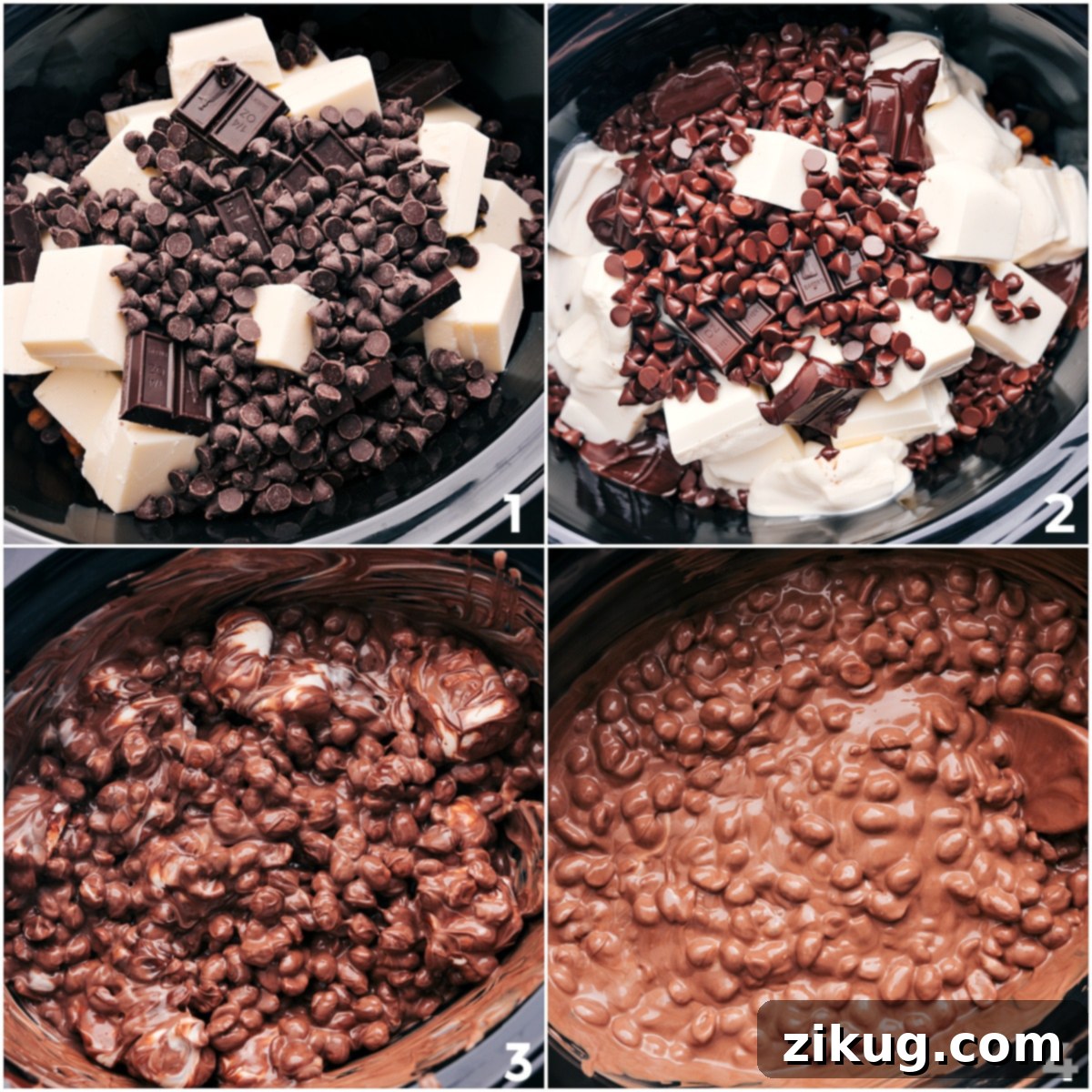 All chocolate ingredients, almond bark, and honey-roasted peanuts are added to the slow cooker, ready to melt for Crockpot Candy.