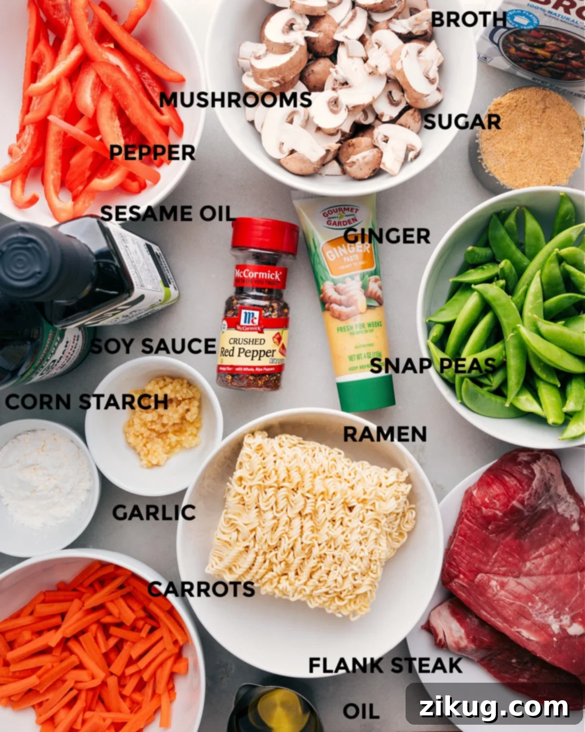 Essential Ingredients for Your Perfect Garlic Beef And Veggie Ramen A vibrant display of fresh ingredients for Garlic Beef and Veggie Ramen, including thinly sliced beef, colorful vegetables, ramen noodles, and a variety of aromatic spices and sauces.