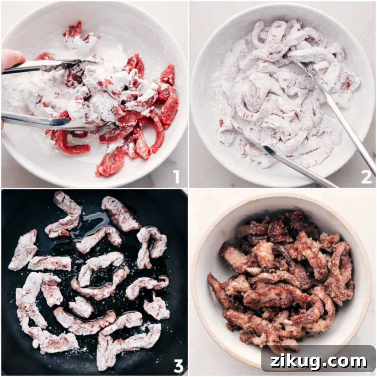 Preparing the Flank Steak for Delicious Beef and Veggie Ramen Thinly sliced flank steak is being tossed with cornstarch in a bowl, preparing it for searing to achieve tender and flavorful beef for the ramen.