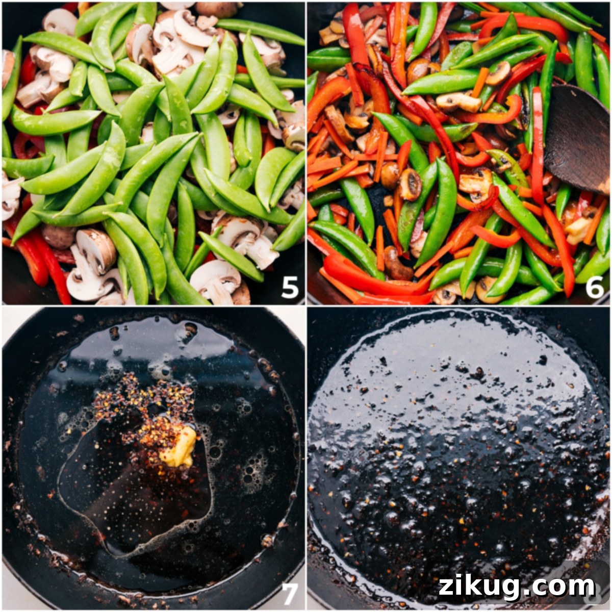 Sautéing Vegetables: The Heart of Your Homemade Garlic Beef and Veggie Ramen A vibrant mix of mushrooms, snap peas, carrots, and red pepper being stir-fried in a hot skillet, creating a colorful and aromatic base for the ramen.