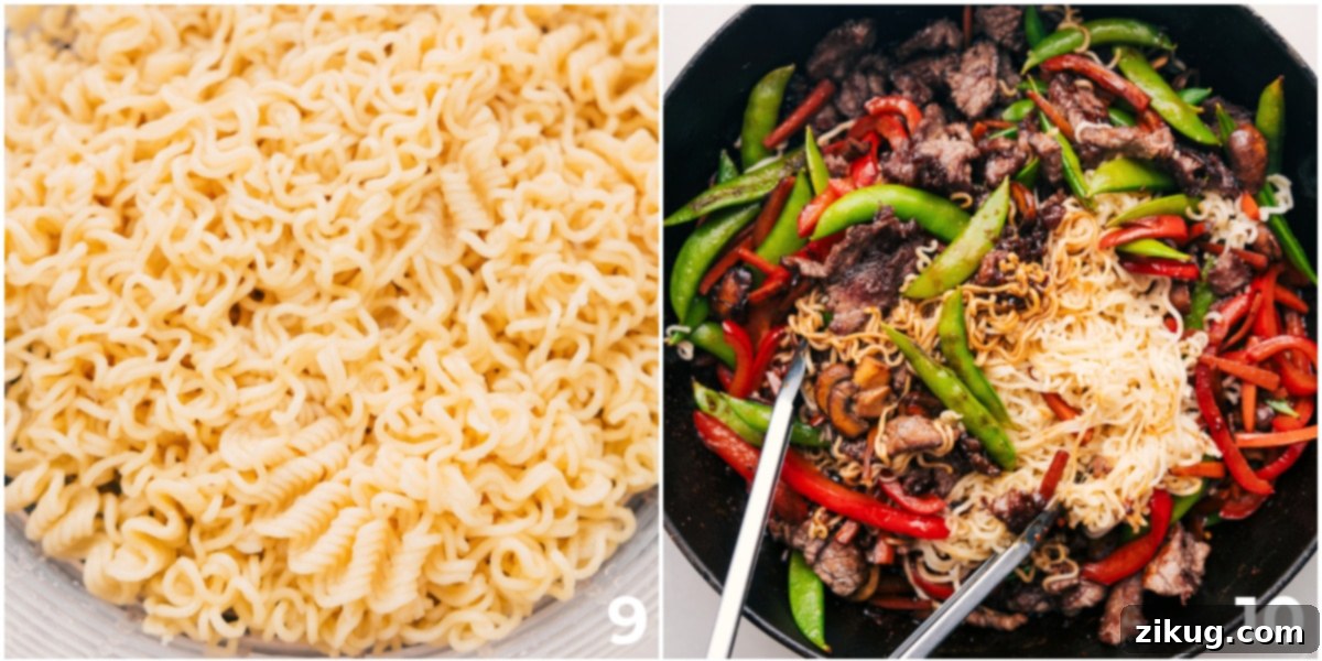 The Art of Tossing: Perfectly Coating Your Garlic Beef And Veggie Ramen Cooked ramen noodles, vibrant vegetables, and seared beef are being expertly tossed in a rich, glossy sauce within a large skillet, ready to be served.