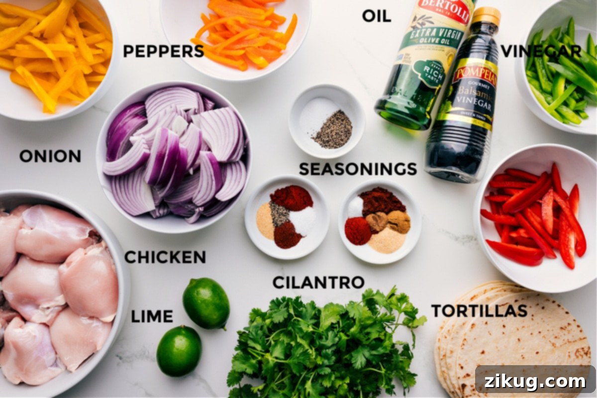Ingredients In Sheet Pan Chicken Fajitas A vibrant display of all fresh ingredients for sheet pan chicken fajitas, including colorful bell peppers, neatly sliced red onions, raw boneless skinless chicken thighs, a small bowl of homemade fajita seasoning, bottles of olive oil and balsamic vinegar, and a stack of warm tortillas, all perfectly prepped for easy assembly.