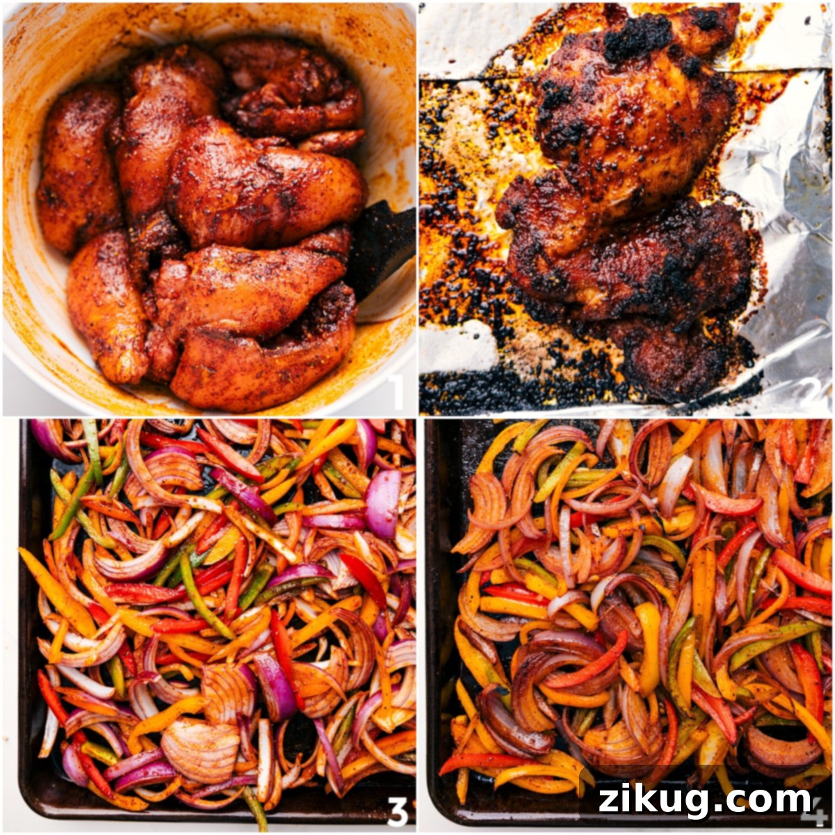 Easy One Pan Chicken Fajitas Make For The Perfect Weeknight Dinner Perfectly cooked, seasoned chicken strips resting on a sheet pan alongside vibrant roasted bell peppers and caramelized onions, showcasing a complete and easy one-pan dinner ready to be served.