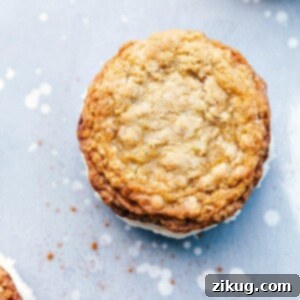 Close-up of a stack of delicious homemade oatmeal creme pies with creamy filling.
