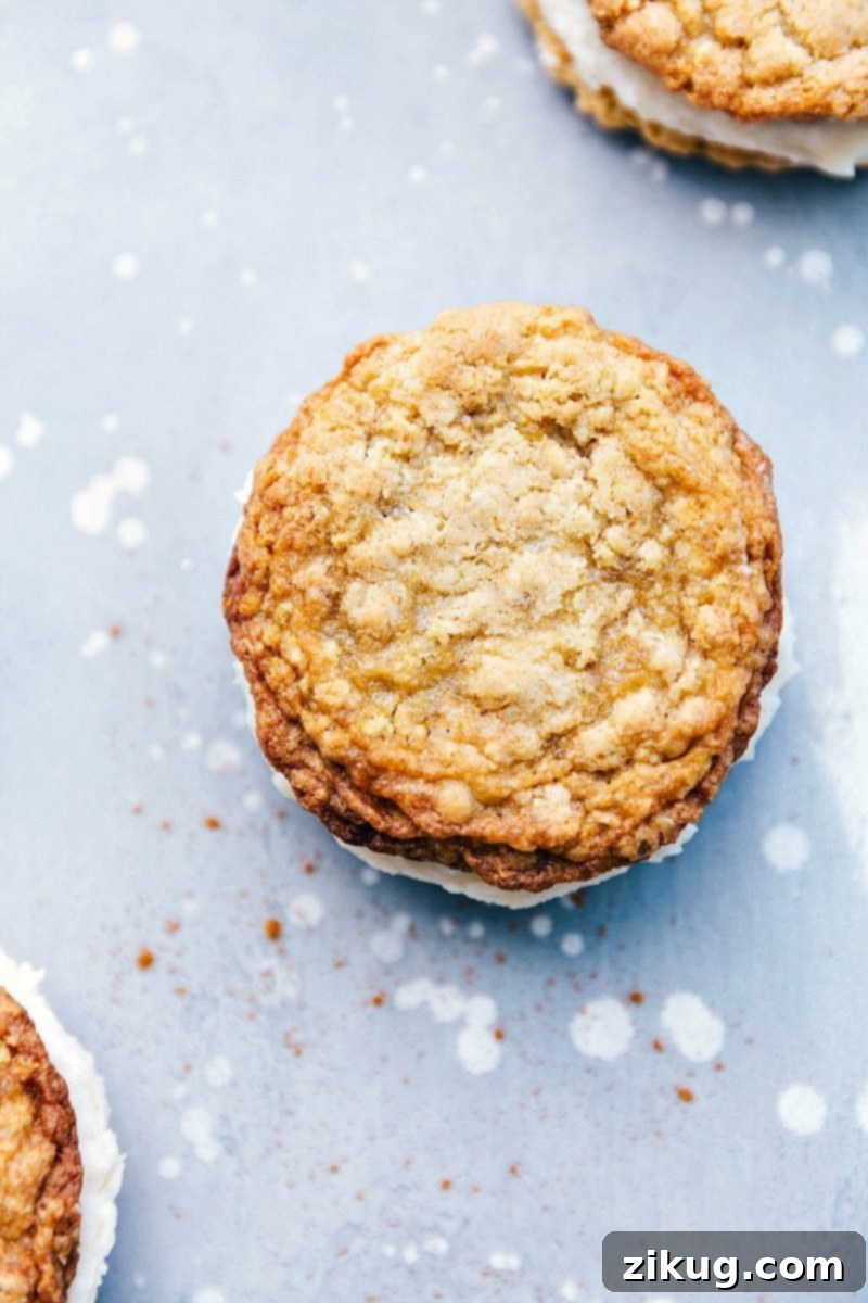 Irresistibly Delicious Homemade Oatmeal Creme Pies An overhead shot showcasing several perfectly assembled homemade Oatmeal Creme Pies, each with two soft cookies sandwiching a generous layer of white cream filling.