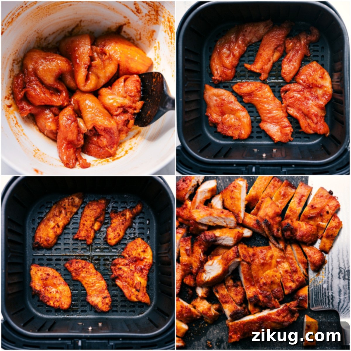 Buffalo Chicken Cooked to Perfection for the Ultimate Weeknight Dinner Perfectly cooked chicken pieces are generously tossed in the vibrant buffalo sauce, then air-fried until each piece is wonderfully crispy and golden-brown, ready to be added to the ultimate buffalo chicken bowl.