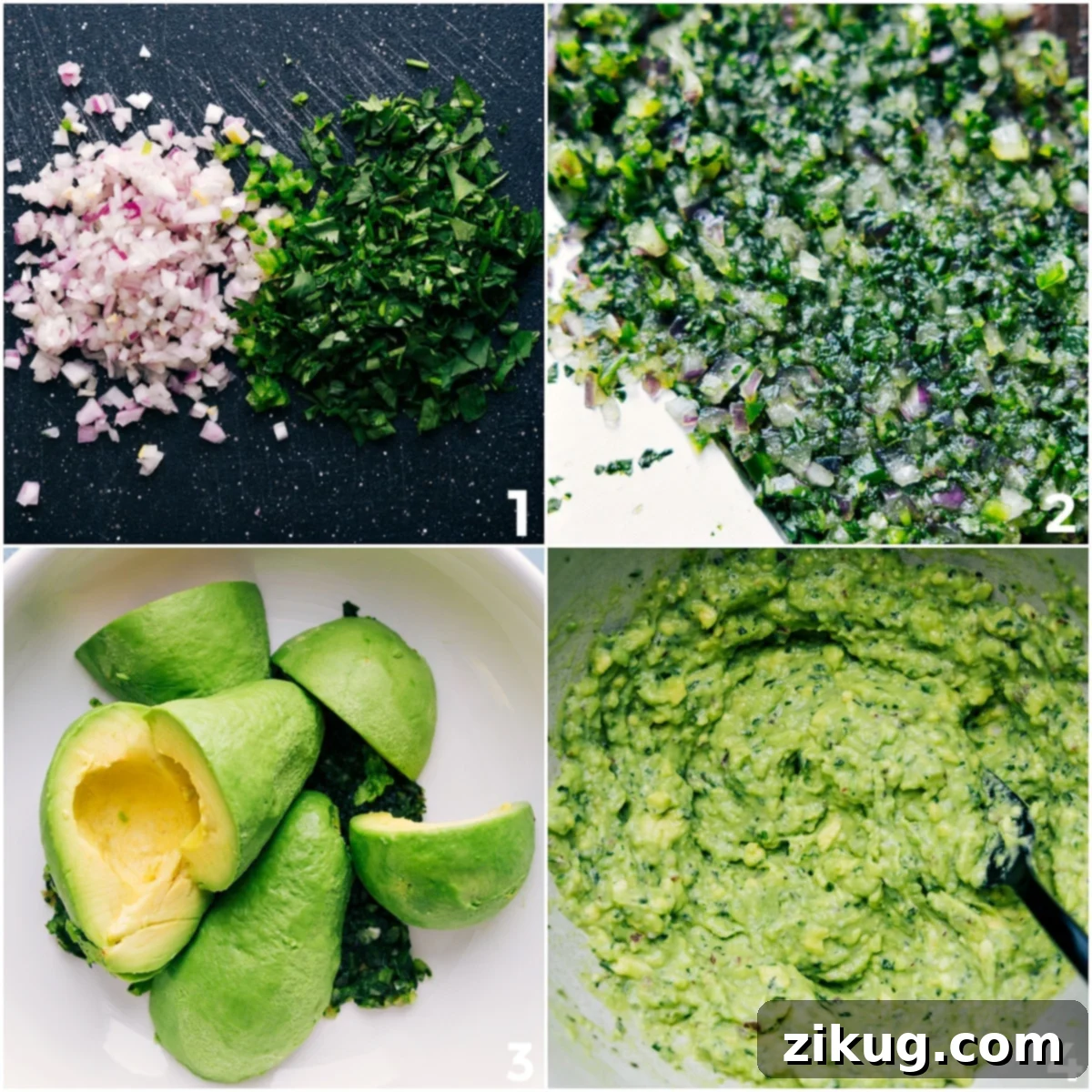 A close-up view of vibrant green guacamole in a bowl, showcasing its creamy texture, finely chopped cilantro and onions, and the perfect blend of seasonings, lime, and lemon juice.