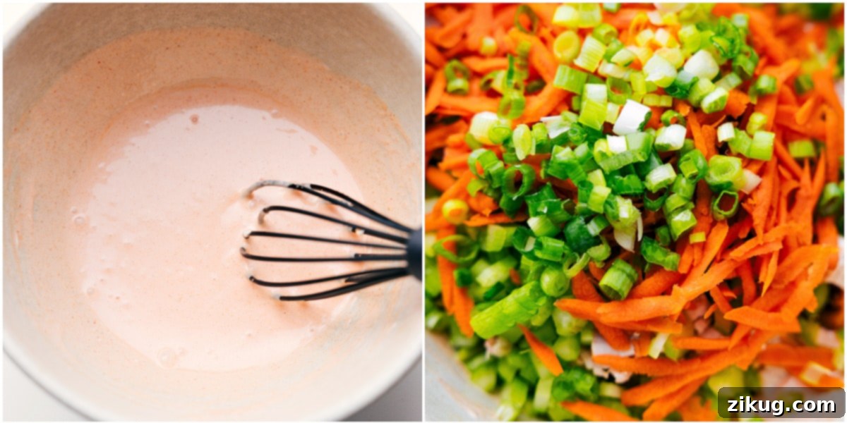 How To Make Hot Honey Chicken Salad The dressing whisked together and the salad mix added to the bowl, ready to be tossed together to create the Hot Honey Chicken Salad.