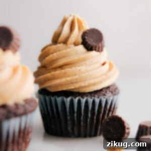 A perfectly frosted cupcake with a swirl of rich peanut butter frosting, showcasing its creamy texture.