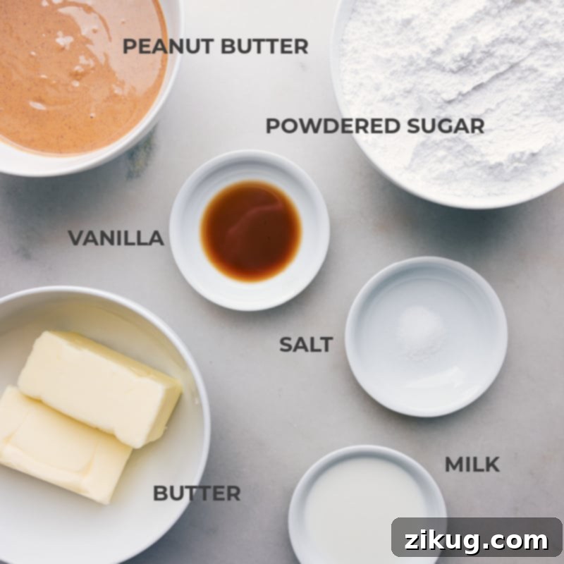 This Peanut Butter Frosting is the absolute best! Simple, quick, and easy to make for any dessert. Recipe via chelseasmessyapron #dessert #best #quick #easy #simple #treat #cupcakes #peanutbutter #frosting A flat lay image showcasing all the essential ingredients for making the best peanut butter frosting, including butter, peanut butter, powdered sugar, and milk.