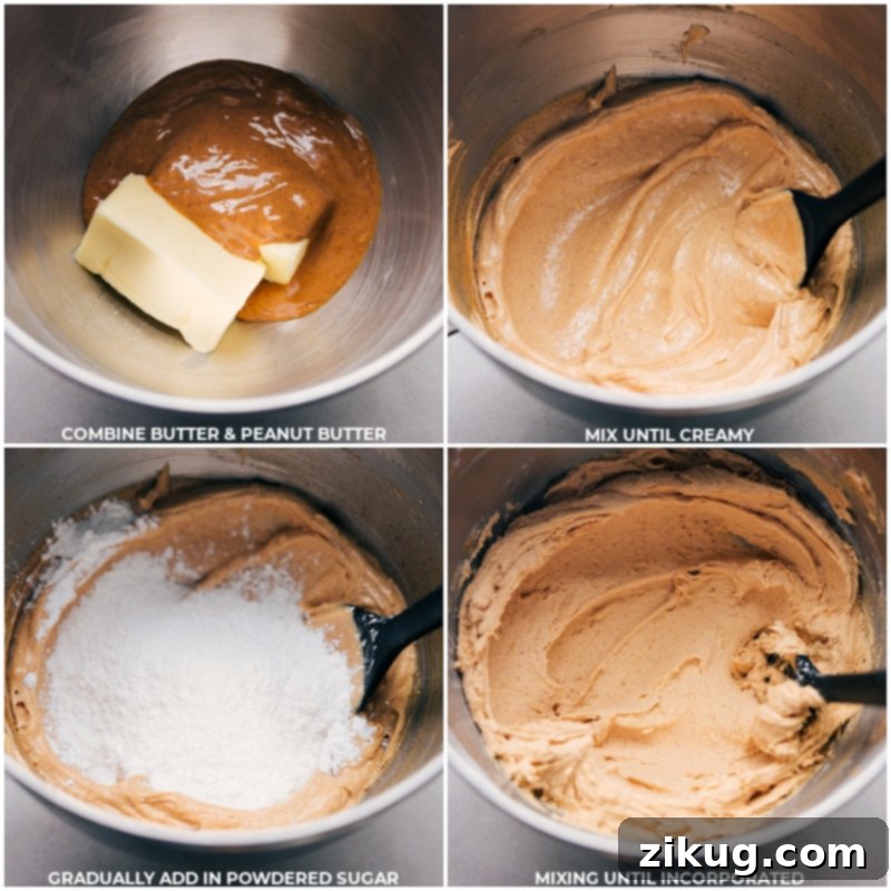 Indulgently creamy, irresistibly delicious, and bursting with a well-balanced, rich peanut butter flavor. Follow these process shots to achieve perfect Peanut Butter Frosting. Recipe via chelseasmessyapron #dessert #best #quick #easy #simple #treat #cupcakes #peanutbutter #frosting A series of process shots showing butter, creamy peanut butter, and powdered sugar being creamed together in a stand mixer to create the base for peanut butter frosting.