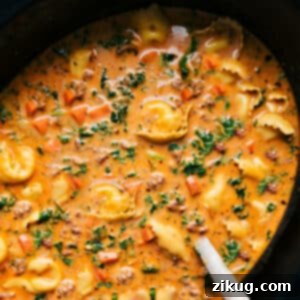 Finished Crockpot Tortellini Soup in a bowl
