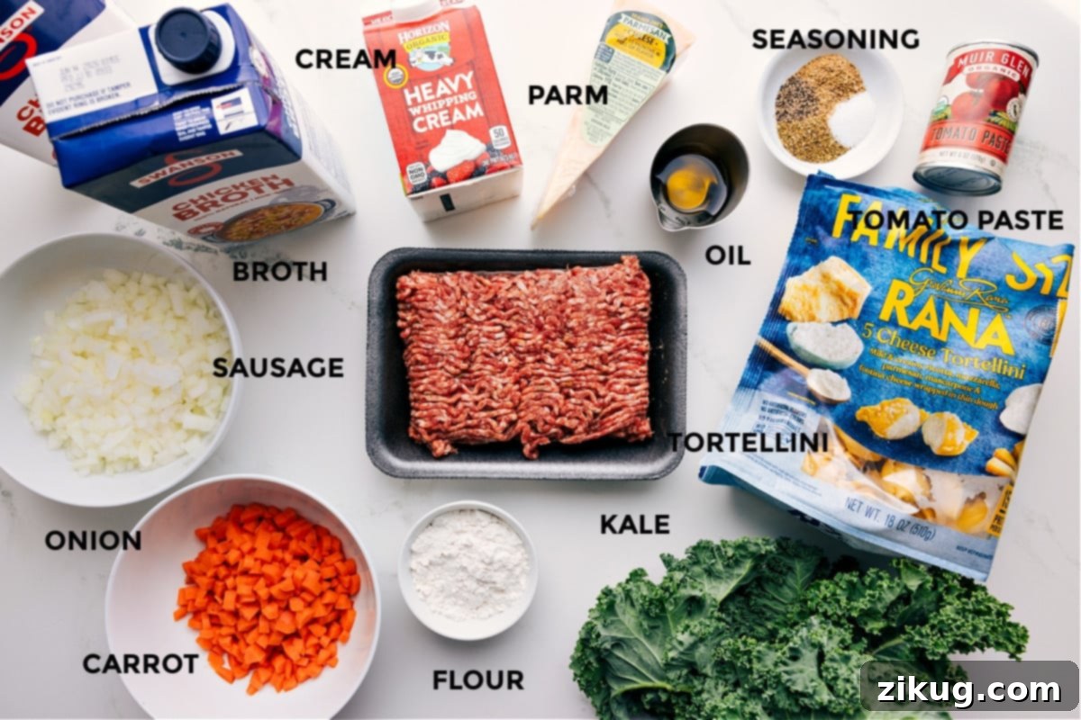 Ingredients In Crockpot Tortellini Soup A vibrant selection of ingredients for Crockpot Tortellini Soup including fresh vegetables, Italian sausage, broth, cream, and cheese tortellini.