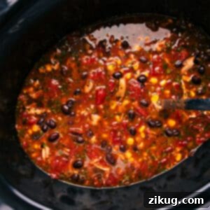 A vibrant bowl of Slow Cooker Chicken Taco Soup, garnished with fresh cilantro and cheese.