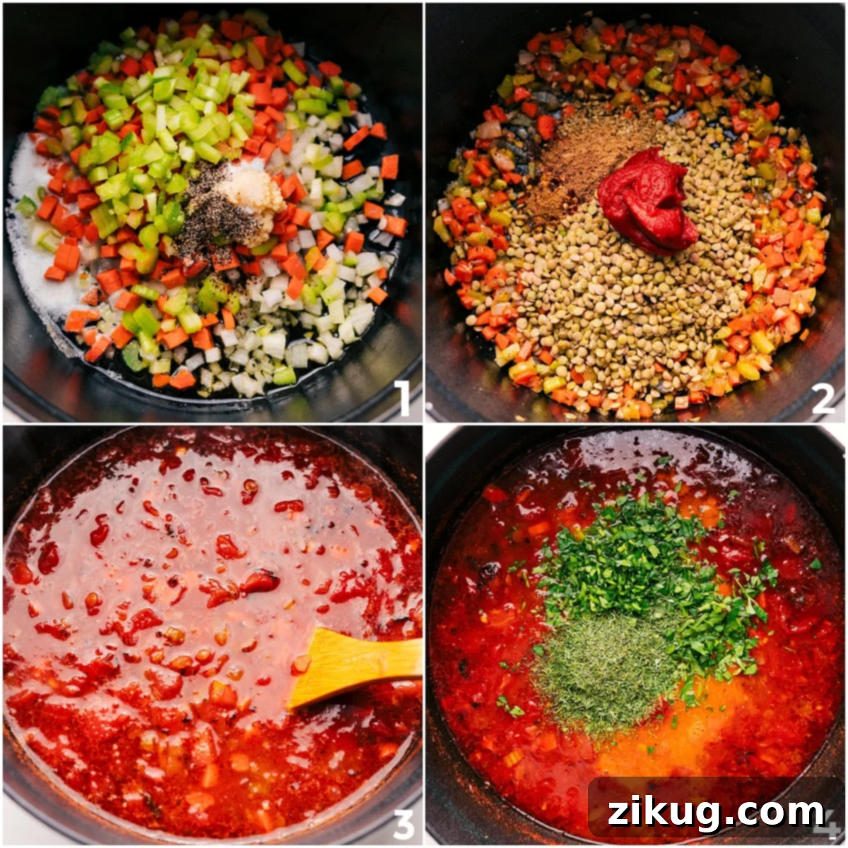 How To Make Mediterranean Lentil Soup The cooking process for Mediterranean lentil soup, showing vegetables being sautéed, followed by the addition of lentils and other ingredients to simmer, illustrating key stages of preparation.