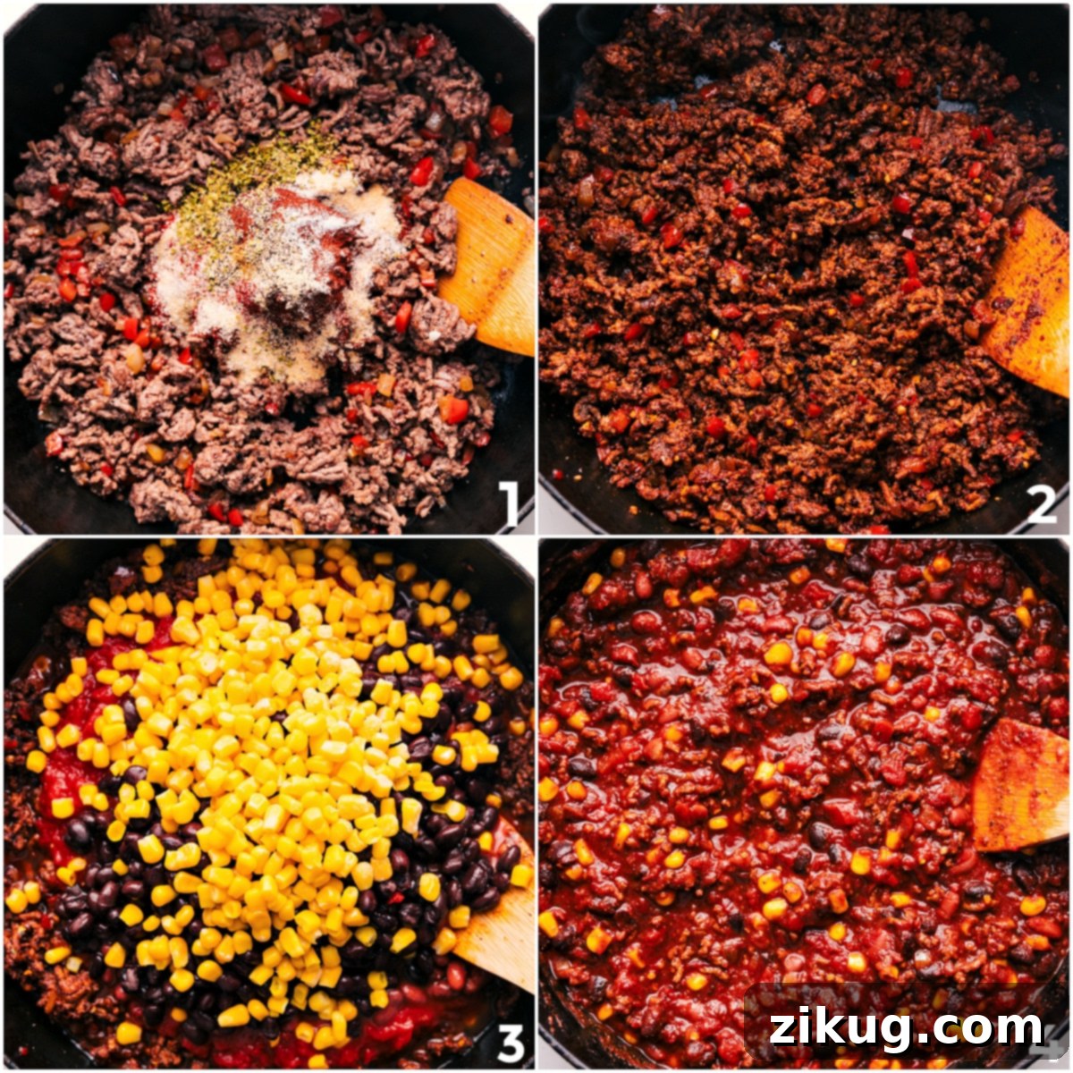 How to Create the Delicious Chili Base for Your Cornbread Casserole Step-by-step images showing the ground beef being browned, spices being added, and then tomatoes, beans, and corn mixed in for the savory chili filling of the cornbread casserole.
