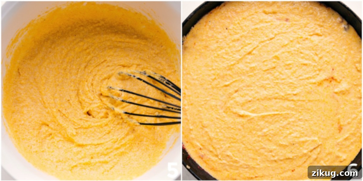 The Perfect Sweet Cornbread Layer for Your Chili Casserole Sweet cornbread batter freshly whisked in a bowl, then gently poured and spread over the rich, simmering chili in a cast iron skillet, ready for baking into a golden casserole.