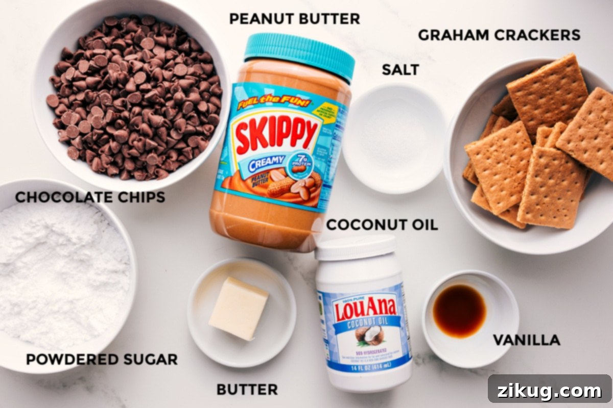 Ingredients In Buckeye Graham Crackers All the essential ingredients meticulously prepped and laid out for easy assembly, including the rich chocolate chips, delicate powdered sugar, creamy butter, smooth peanut butter, coconut oil for a perfect sheen, a pinch of salt, aromatic vanilla extract, and crisp graham crackers, ready to be transformed into Buckeye Graham Crackers.