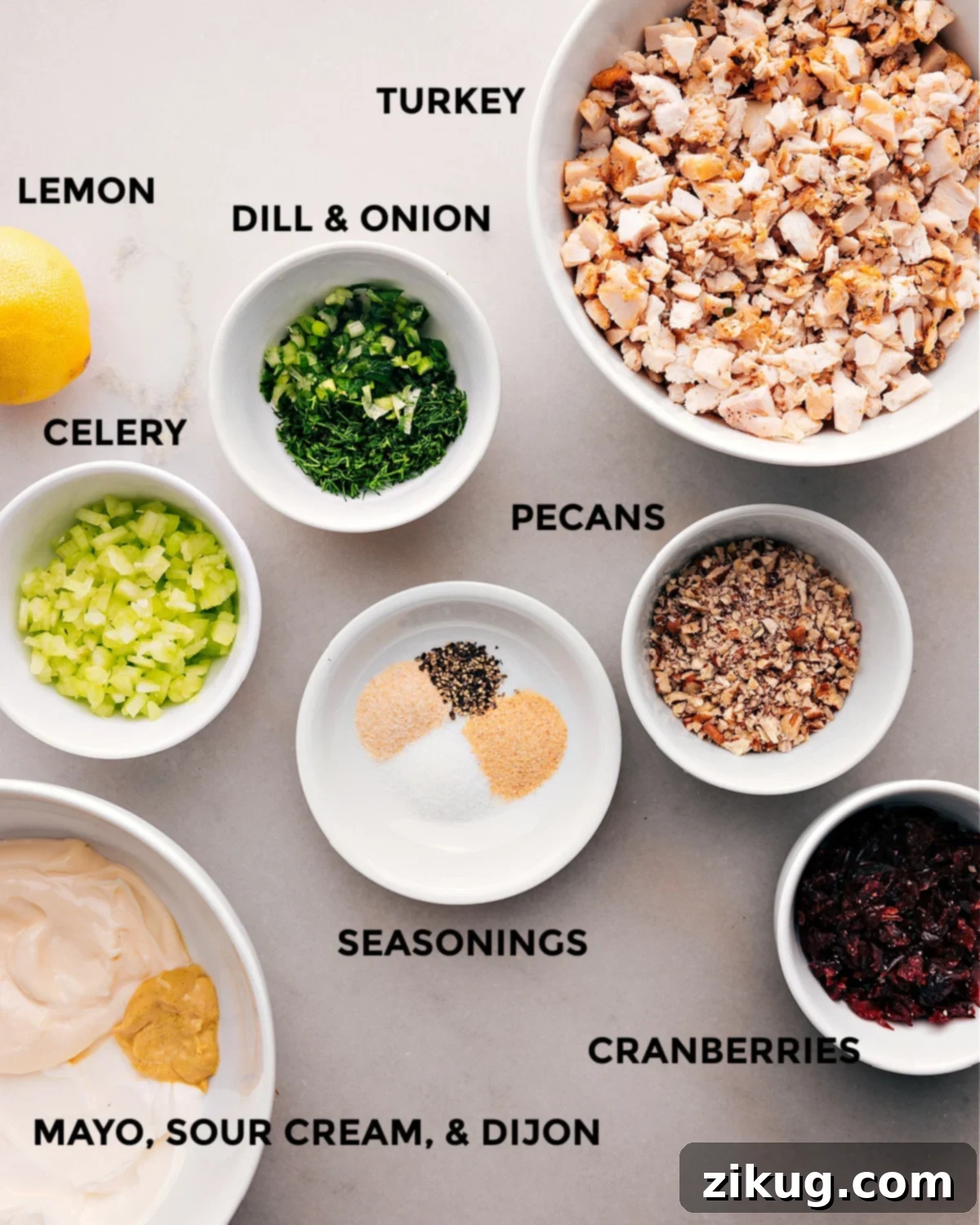 Creamy Turkey Salad Delight 3 A vibrant display of all the fresh ingredients needed for this delightful Turkey Salad recipe, including pecans, crisp celery, aromatic seasonings, and more, ready for preparation.
