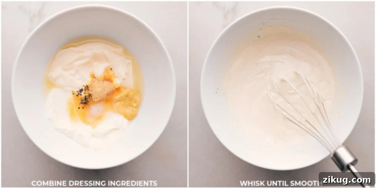 Achieving the Perfect Creamy Dressing: Whisking Ingredients Smooth The process of combining all the creamy dressing ingredients in a bowl and whisking them thoroughly until the mixture achieves a smooth and luxurious consistency.