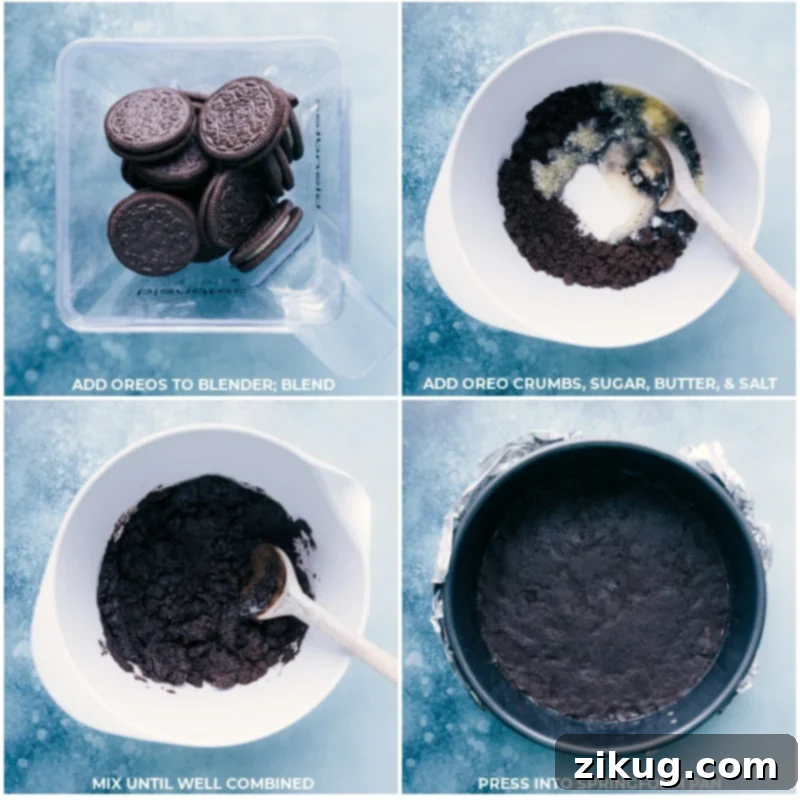 Process shots: Oreo crust being made and pressed into a pan
