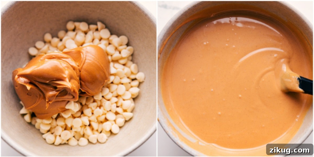 Melting White Chocolate And Peanut Butter For White Chocolate Pretzel Clusters The process of melting white chocolate chips and creamy peanut butter together in a glass bowl, creating a smooth and glossy base for the pretzel clusters.
