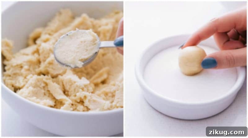 How To Make This Thumbprint Cookie Recipe Measuring out cookie dough with a tablespoon, then rolling it into a perfect ball and coating it in granulated sugar for a sparkly finish.
