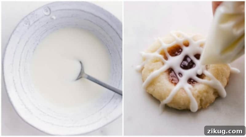 Process shots: mixing the white glaze until smooth, then piping it artfully over the completely cooled raspberry-filled thumbprint cookies.