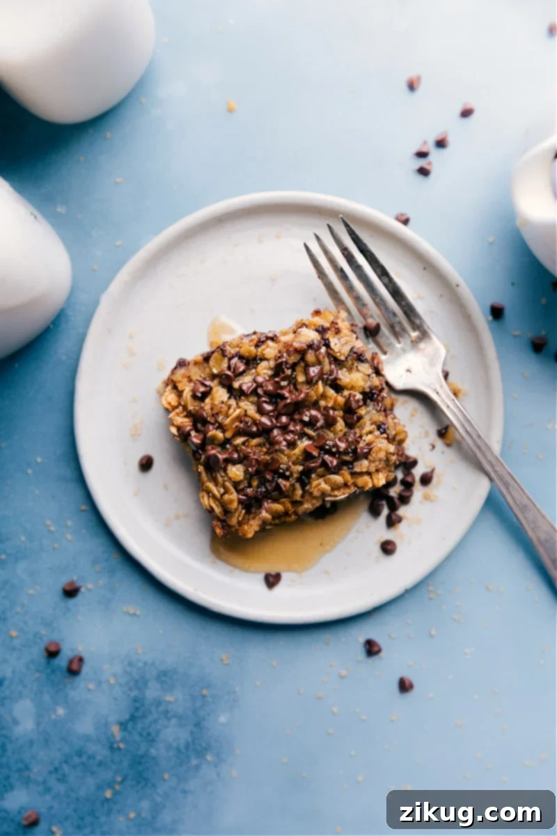 Cozy Chocolate Chip Oat Bake 2 Warm Chocolate Chip Baked Oatmeal square ready to be served