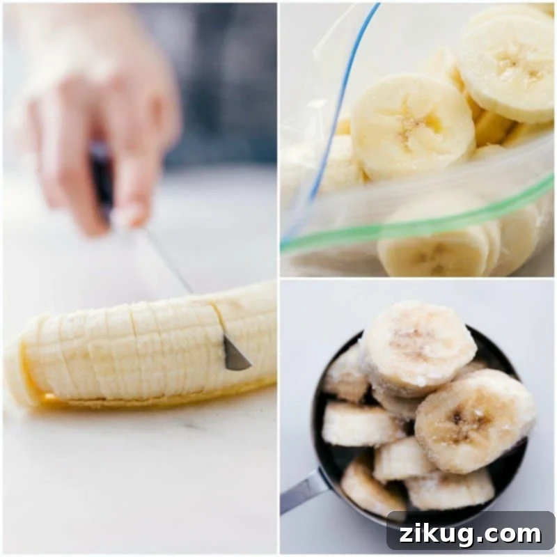 Prepared Banana Slices for Freezing Fresh bananas, peeled and neatly sliced into coins, are arranged on a cutting board, ready for freezing to be used in smoothies.
