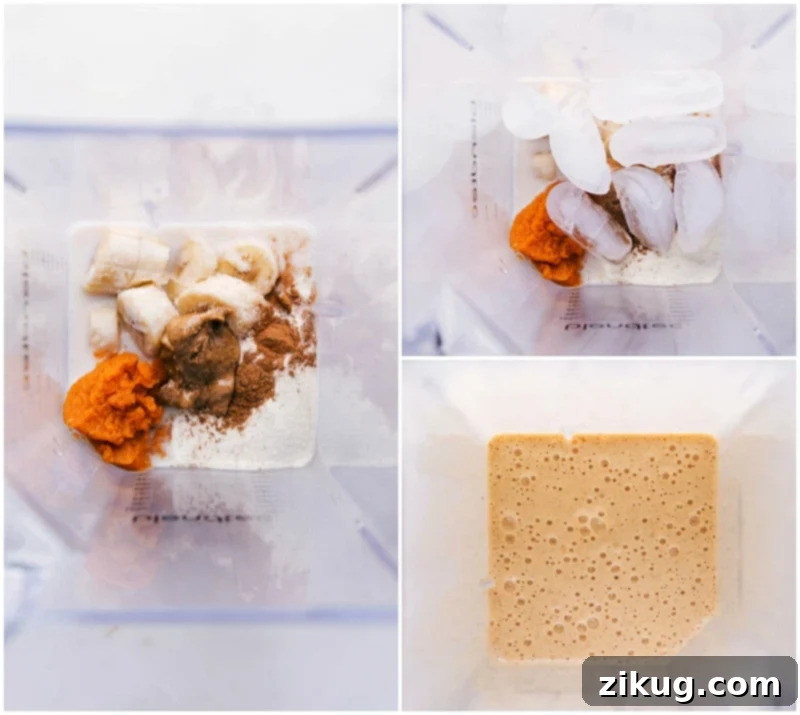 Assembling Pumpkin Protein Shake Ingredients Various ingredients like milk, canned pumpkin puree, vanilla protein powder, and ice cubes are being poured into a high-speed blender, capturing the preparatory stage of making a pumpkin spice protein shake.