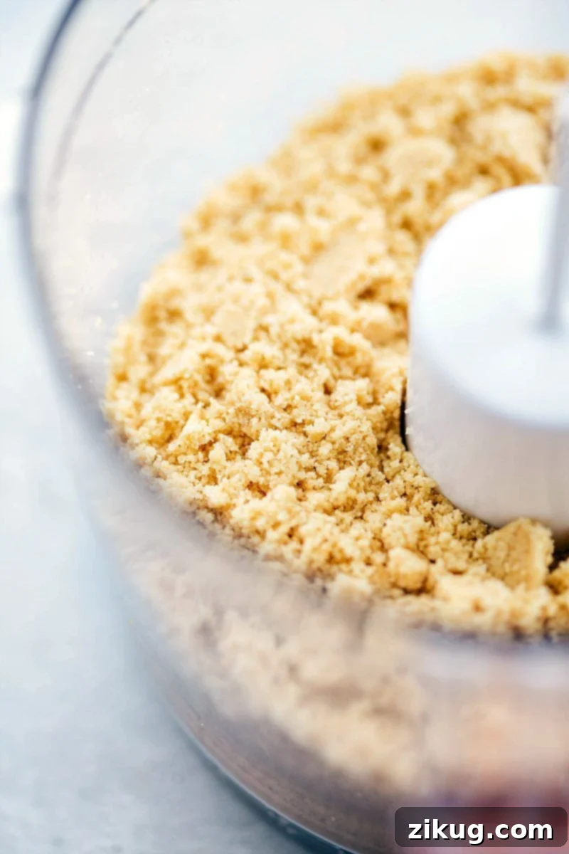 Mixed crust ingredients ready for pressing Crushed shortbread cookies mixed with butter and brown sugar for the crust.