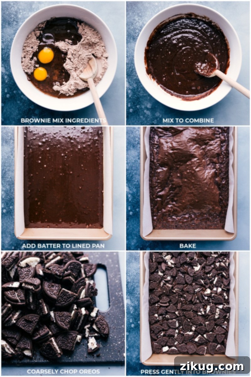 Prepare the foundation for your Brownie Oreo Ice Cream Cake: bake fudgy brownies and press in chopped Oreos for an epic base. Step-by-step images showing brownies baking in a pan and chopped Oreo cookies being pressed onto the warm brownies, forming a delicious layer for the ice cream cake.