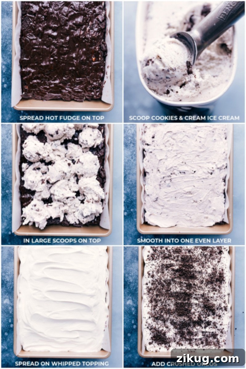 Watch the layers come to life: hot fudge over Oreos, creamy ice cream, fluffy whipped topping, and a final sprinkle of crushed Oreos for the perfect Brownie Oreo Ice Cream Cake. Process images illustrating the assembly of the Brownie Oreo Ice Cream Cake: hot fudge drizzled over Oreos, ice cream being spread, whipped cream topping, and final crushed Oreo garnish.