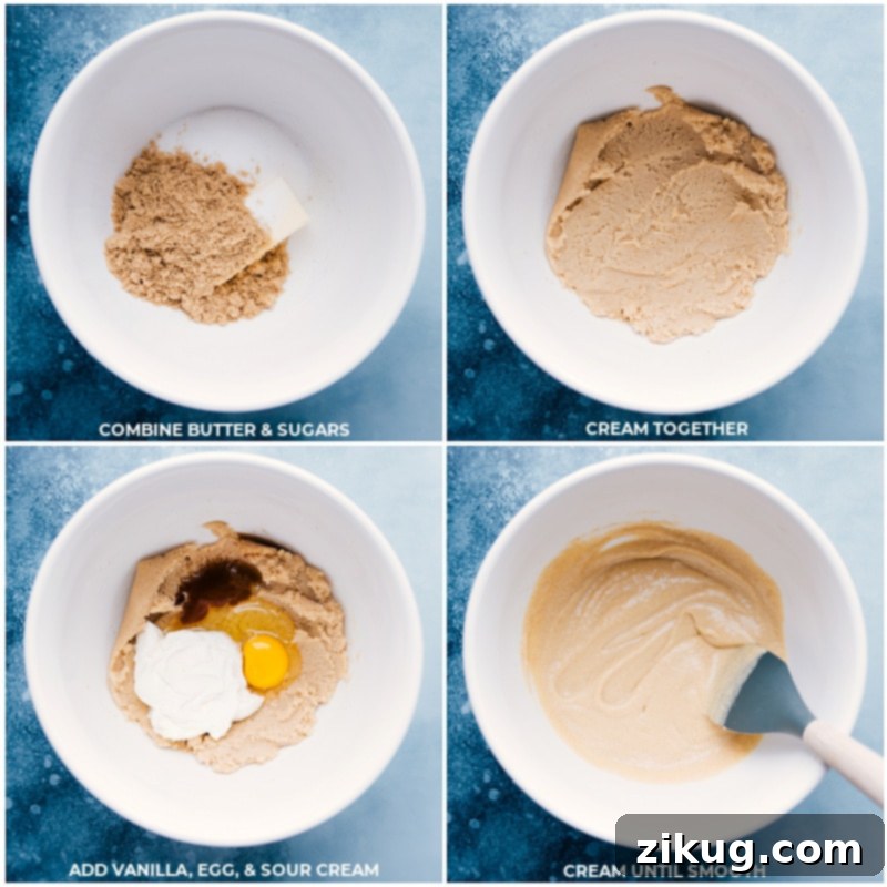 Chocolate Caramel Cookies are baked with a chocolate-covered caramel candy in the center and Maldon sea salt flakes on top! Recipe via ChelseasMessyApron, showcasing the creamy wet ingredients. Process images showing the initial steps of creaming butter and sugars, then incorporating vanilla, egg, and sour cream to form the wet ingredients for the chocolate caramel cookie dough.