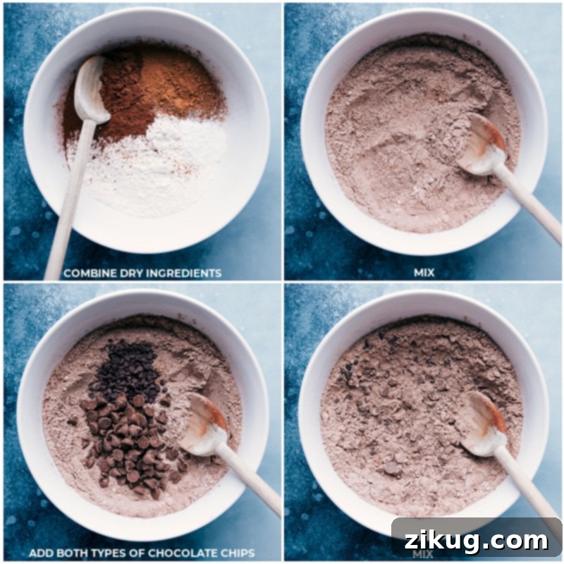 Bakery-style Chocolate Caramel Cookies ingredients, showcasing the careful blending of dry components for optimal taste and texture. Recipe via ChelseasMessyApron. Process images illustrating the preparation of dry ingredients for chocolate caramel cookies, including flour, cocoa powders, baking soda, baking powder, and salt being mixed together in a bowl.