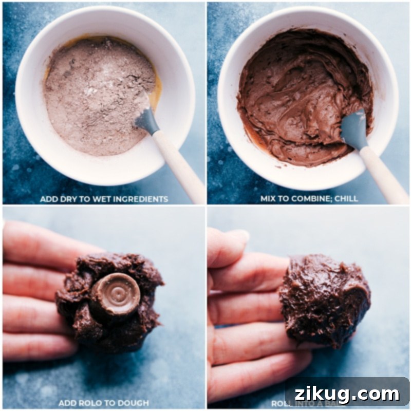 Bakery-style, soft and chewy, sweet Chocolate Caramel Cookies are baked with a chocolate-covered caramel candy in the center! Recipe via ChelseasMessyApron, illustrating dough preparation. Process images for making chocolate caramel cookies, showing the combining of wet and dry ingredients, forming dough balls, and carefully encasing Rolo candies within the cookie dough.
