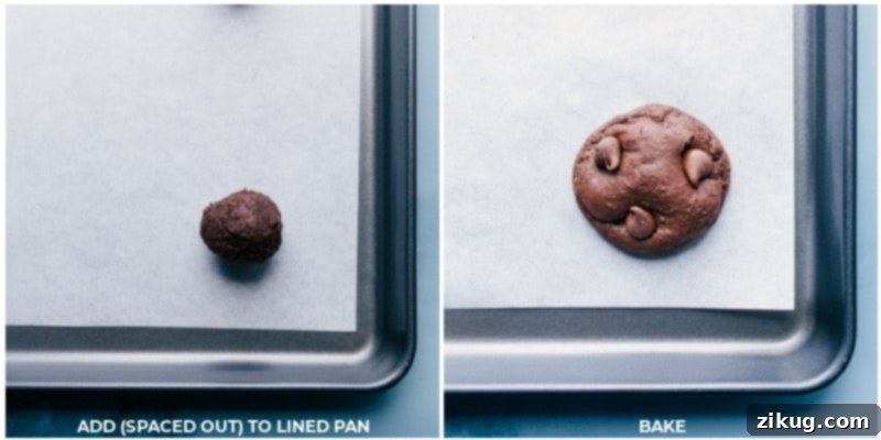 Soft and chewy, sweet Chocolate Caramel Cookies with a chocolate-covered caramel candy in the center and Maldon sea salt flakes on top! Recipe via ChelseasMessyApron, illustrating the baking process. Before and after images of chocolate caramel cookie dough balls on a baking tray, showing them unbaked and then perfectly golden and soft after baking.