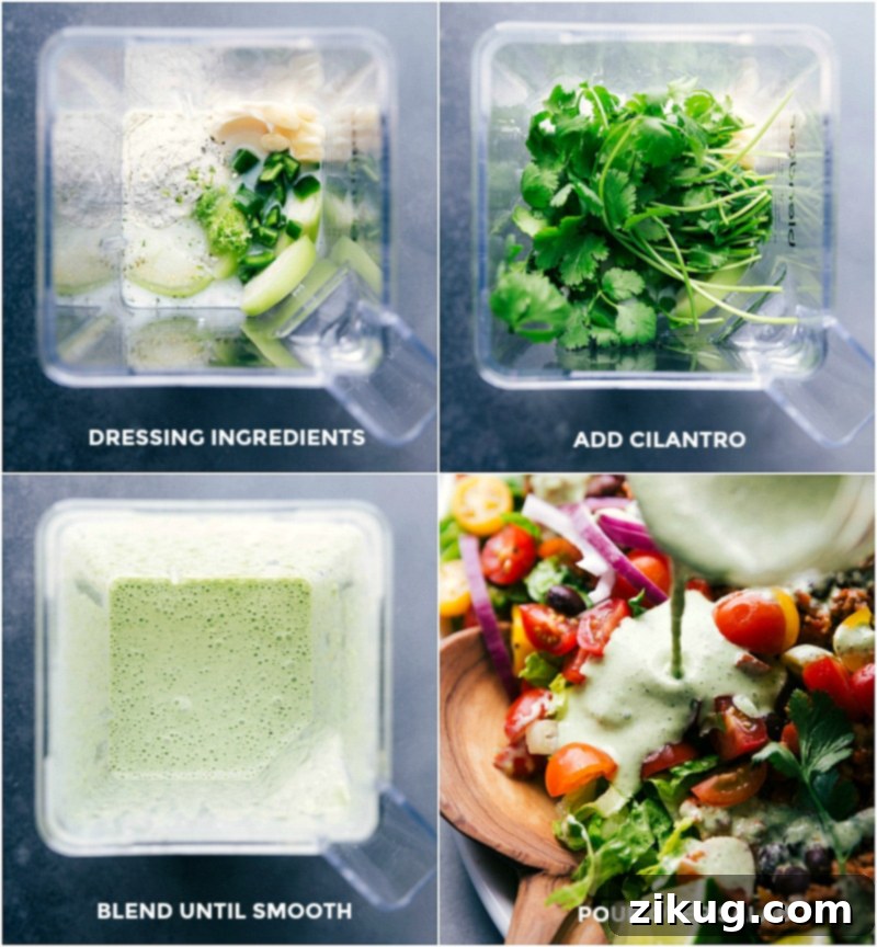 Blending Ingredients for a Smooth and Creamy Salad Dressing Creamy salad dressing ingredients being blended to smooth perfection in a blender.